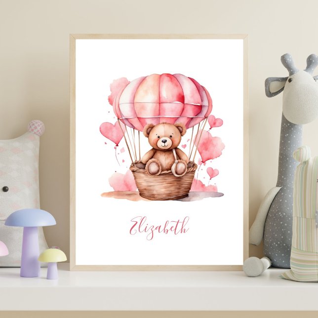 Teddy Bear Hot Air Balloon Pink Baby Girl Nursery  Poster (Watercolor Pink Teddy Bear in Hot Air Balloon baby girl Nursery Wall Art. Add her name)