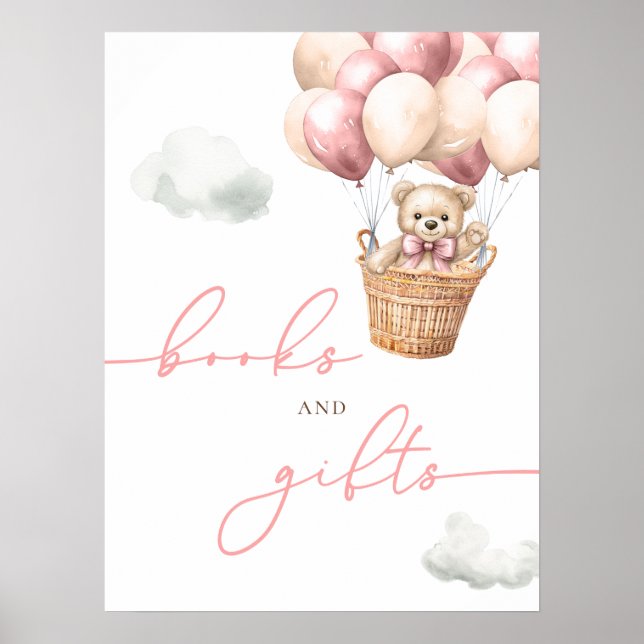 Teddy Bear Hot Air Balloon Pink Books And Gifts Poster (Front)