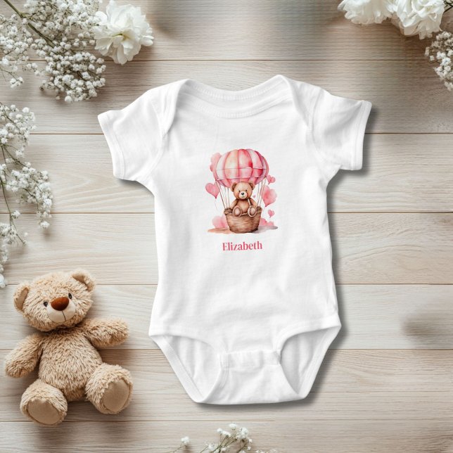 Teddy Bear Hot Air Balloon Pink Girl Personalised Baby Bodysuit (Teddy Bear Pink Hot Air Balloon Personalized Baby Body suit. Baby shower or new baby gift)