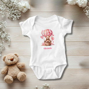 Teddy Bear Hot Air Balloon Pink Girl Personalized Baby Bodysuit