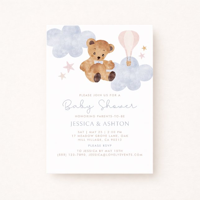 Teddy Bear & Hot Air Balloon Watercolor Baby Showe Invitation (Creator Uploaded)