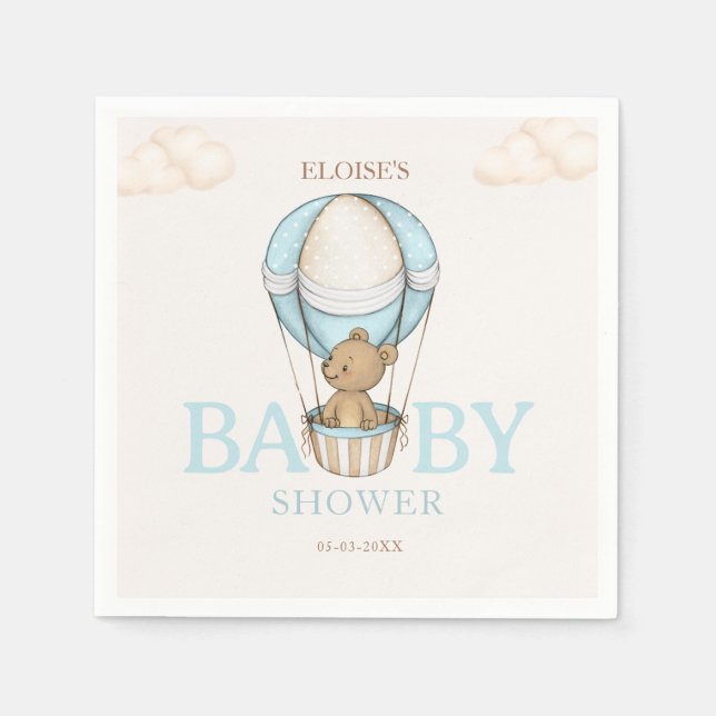 Teddy Bear Hot Balloon Bearly Wait boy Baby Shower Napkin (Front)
