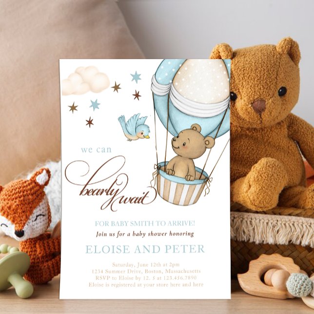 Teddy Bear hot Balloon Boy Bearly Wait Baby Shower Invitation (Bearly wait Teddy bear hot air balloon)