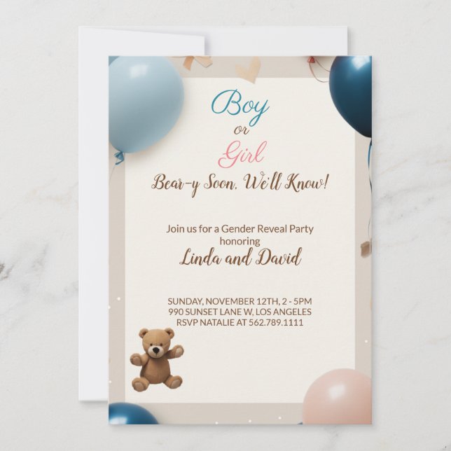 Teddy Bear Hot Balloons: Boy or Girl Gender Reveal Invitation (Front)