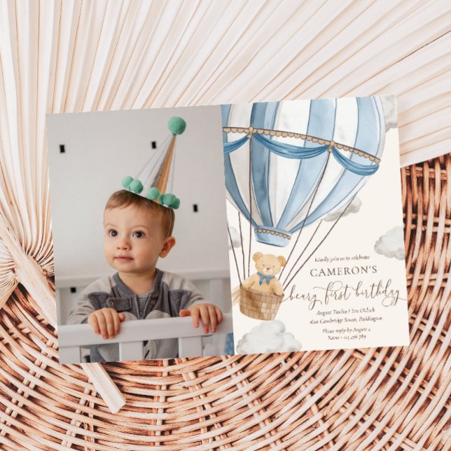 Teddy Bear Hot Hair Balloon First Birthday Photo Invitation (Creator Uploaded)