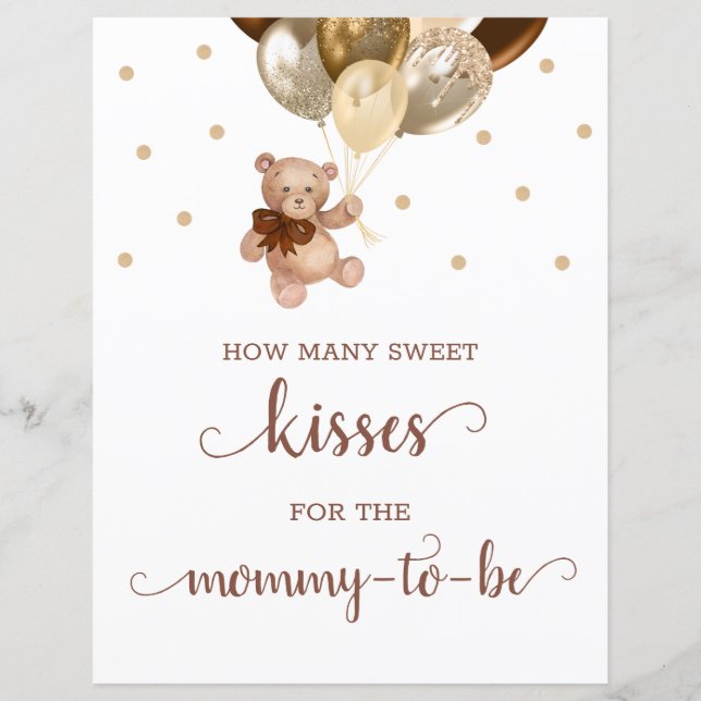 Teddy Bear How Many Kisses Game Sign Baby Shower (Front)