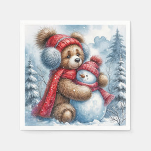 Teddy Bear Hugging a Snowman Napkin