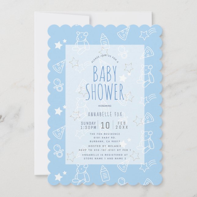 Teddy Bear Ice Cream Pizza Blue Baby Shower Invitation (Front)