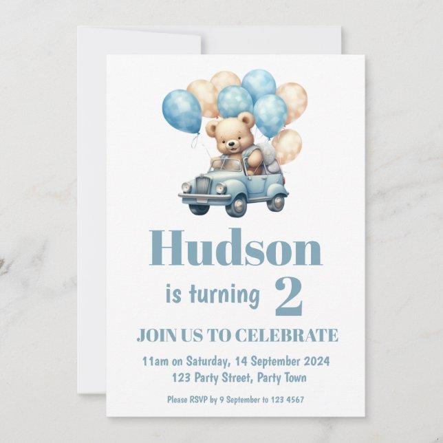 Teddy Bear in a Car Birthday Party Invitation (Front)