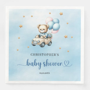Teddy bear in a car boy baby shower napkin