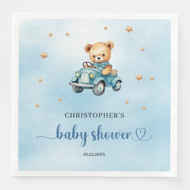Teddy bear in a car boy baby shower napkin (Front)