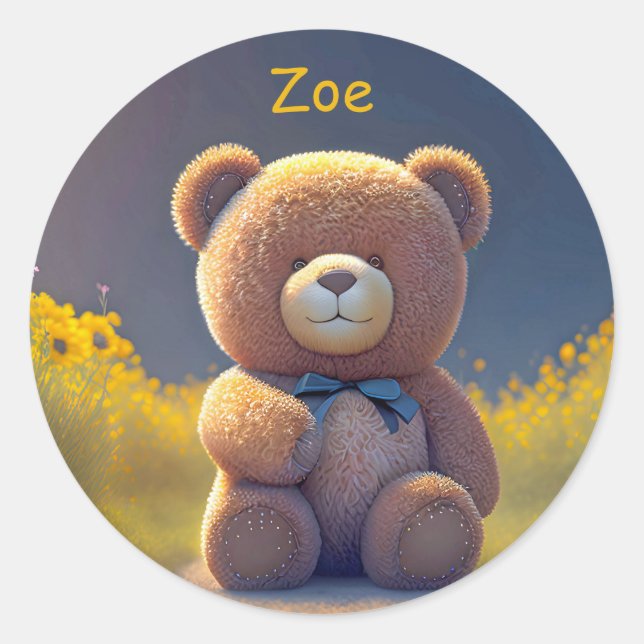 Teddy bear in a meadow, cute custom  classic round sticker (Front)