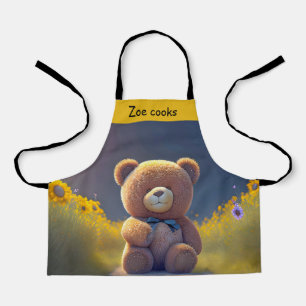 Teddy bear in a meadow, cute kids apron