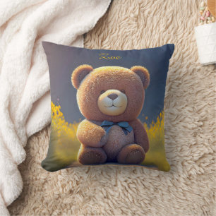 Teddy bear in a meadow, cute kids cushion