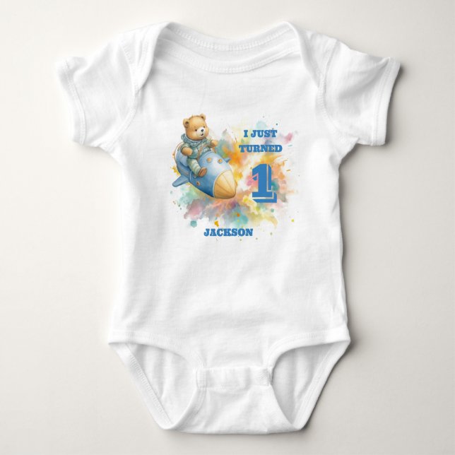 Teddy Bear in A Rocket - Child's Birthday T-Shirt Baby Bodysuit (Front)