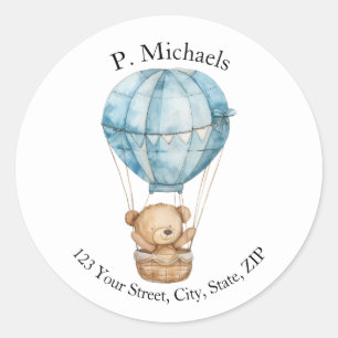 Teddy Bear in Air Balloon Round Address Label
