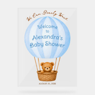 Teddy Bear in Blue Hot Air Balloon Boy Baby Shower Acrylic Sign