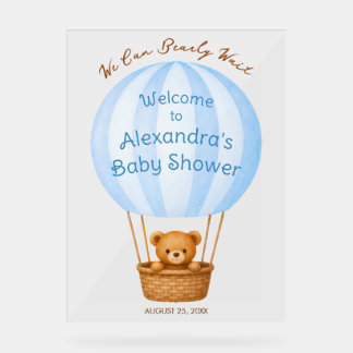 Teddy Bear in Blue Hot Air Balloon Boy Baby Shower Acrylic Sign