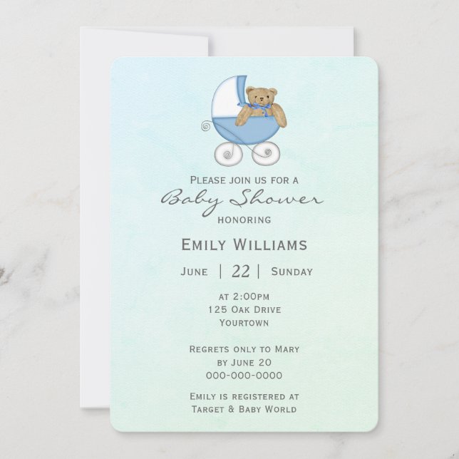 Teddy Bear In Buggy Baby Shower Invitation (Front)