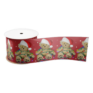 Teddy Bear In Christmas Lights On Dots Satin Ribbon