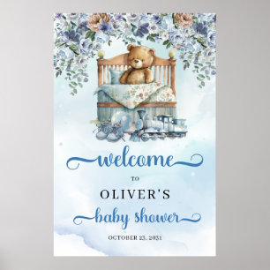 Teddy bear in crib dusty blue baby shower Welcome Poster