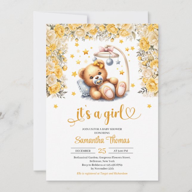 Teddy bear in crib yellow flowers girl baby shower invitation (Front)