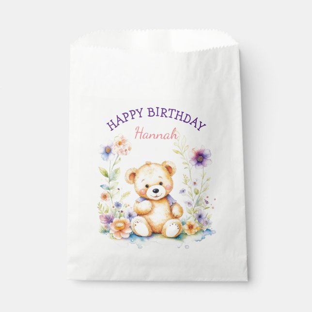 Teddy Bear in Flowers Girl's Birthday Party Favour Bags (Front)