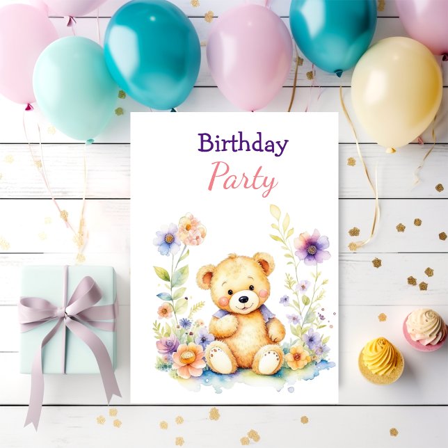 Teddy Bear in Flowers Girl's Birthday Party Invitation (Creator Uploaded)
