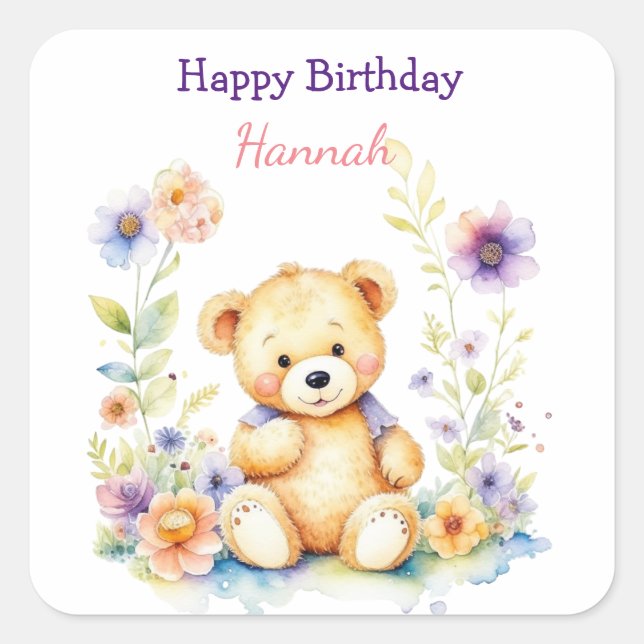 Teddy Bear in Flowers Girl's Birthday Party Square Sticker (Front)