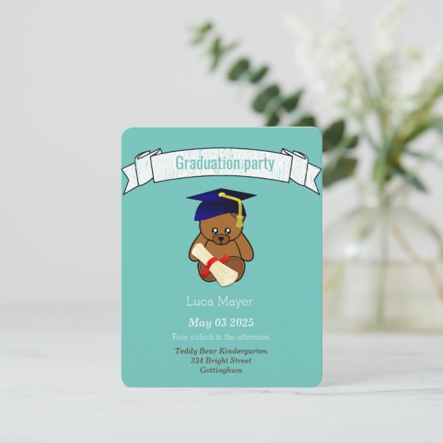 teddy bear in graduation cap - light teal invitation (Standing Front)