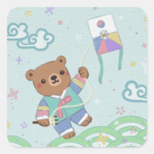Teddy Bear in Hanbok: Kite Flying Square Sticker