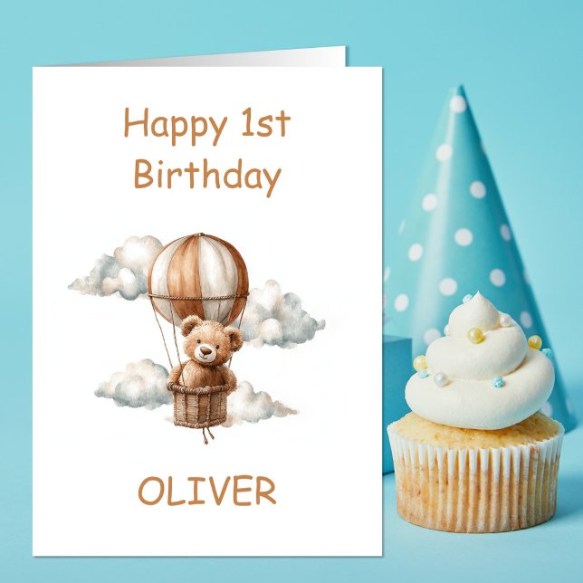 Teddy Bear in Hot Air Balloon 1st Birthday Card (Creator Uploaded)
