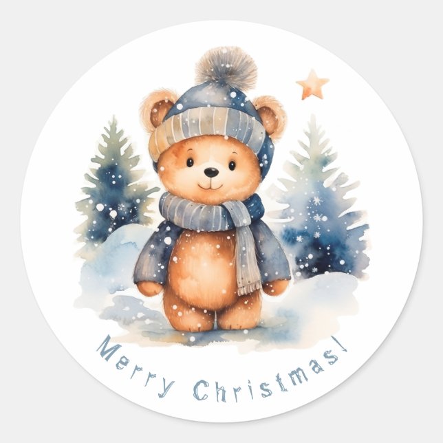 Teddy bear in the forest, personalised classic round sticker (Front)
