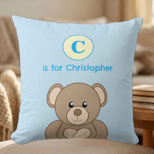 Teddy bear initial name kids blue cushion (Creator Uploaded)