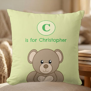 Teddy bear initial name kids green cushion