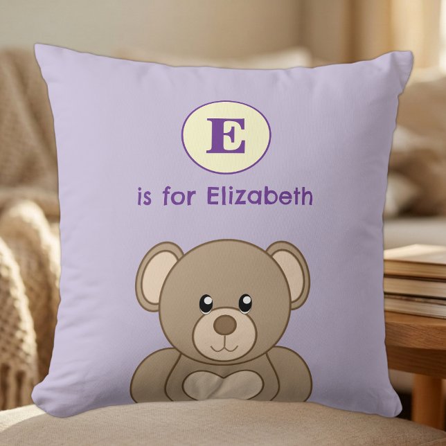 Teddy bear initial name kids purple cushion (Creator Uploaded)