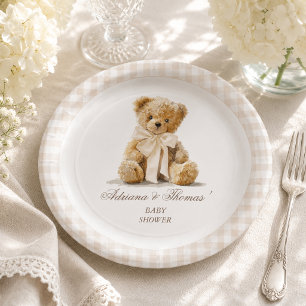 Teddy Bear Ivory Beige Gingham Baby Shower Paper Plate
