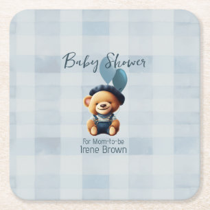 Teddy Bear Jean Baby Shower Blue Square Paper Coaster