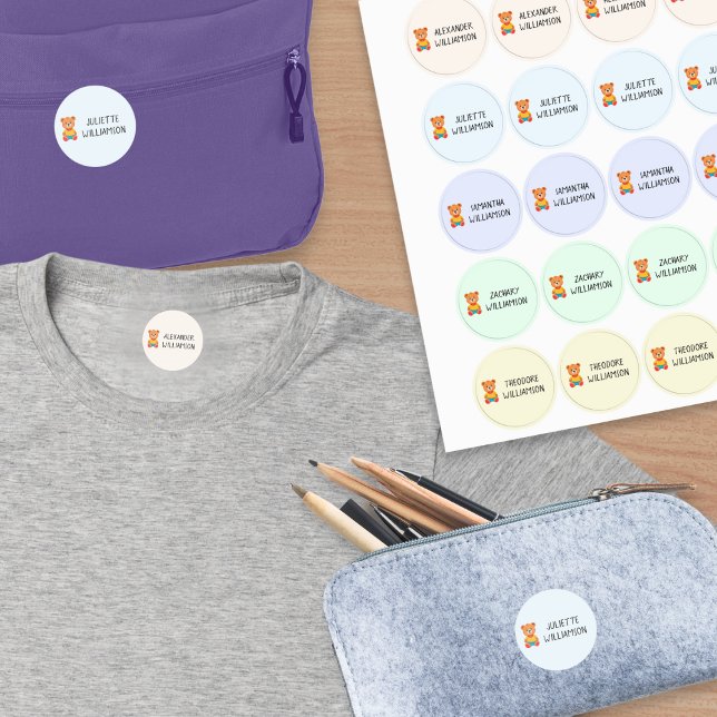 Teddy Bear Kids Clothing Name (A set of personalized name labels for kids, in pastel colors with teddy bear on each one)