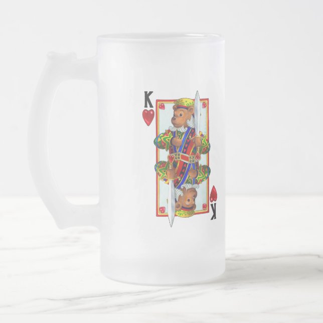 Teddy Bear King of Hearts Frosted Glass Beer Mug (Left)