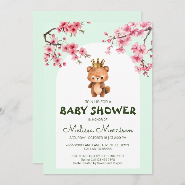 Teddy Bear King Sakura Baby Boy Shower Invitation (Front/Back)