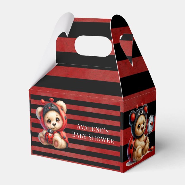 Teddy Bear Ladybug Stripes Girl Baby Shower Favour Box (Front Side)