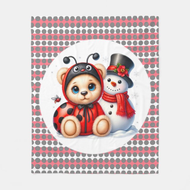Teddy Bear Ladybug with Snowman Baby Shower Gift Fleece Blanket (Front)