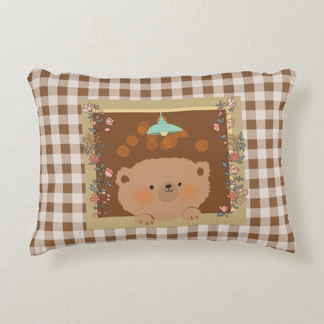 Teddy bear looking out of a window decorative cushion (Front)
