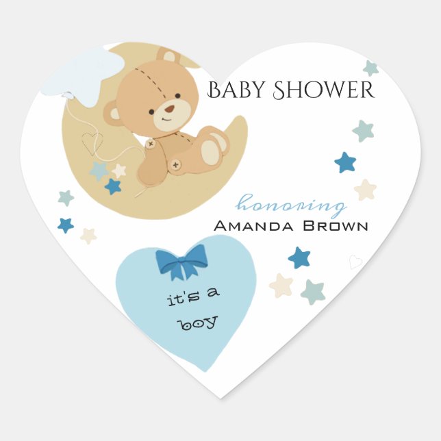 Teddy Bear Love Baby Boy Shower | Heart Sticker (Front)