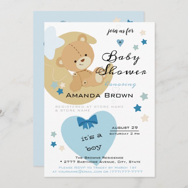 Teddy Bear Love Baby Boy Shower | Invitation (Front/Back)