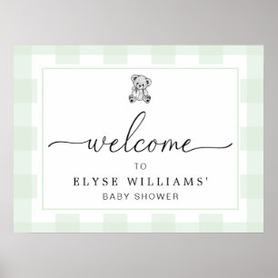 Teddy Bear Mint Green Gingham Welcome Sign Poster