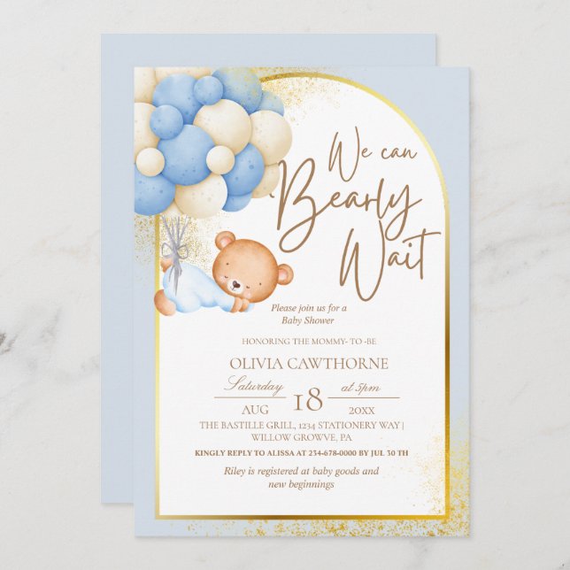 Teddy Bear Modern Blue Gold Baby Shower Invitation (Front/Back)
