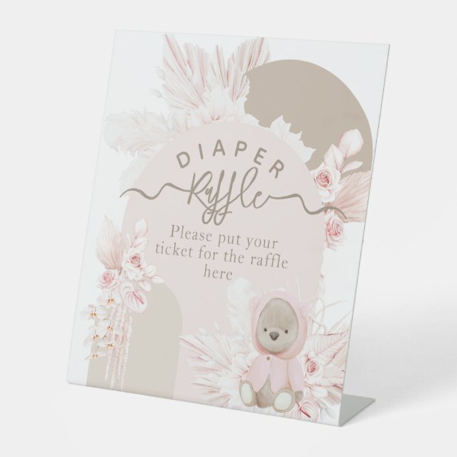 Teddy Bear Modern Boho Girl Baby Shower diaper Pedestal Sign (Front)