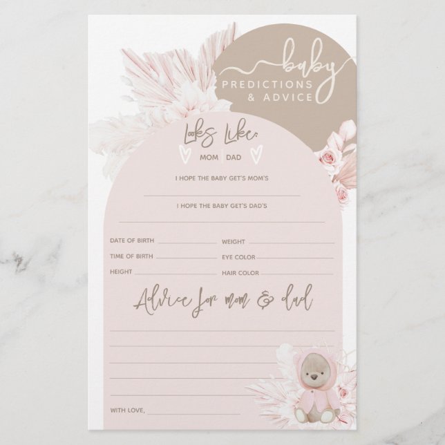 Teddy Bear Modern Boho Girl Baby Shower game (Front)